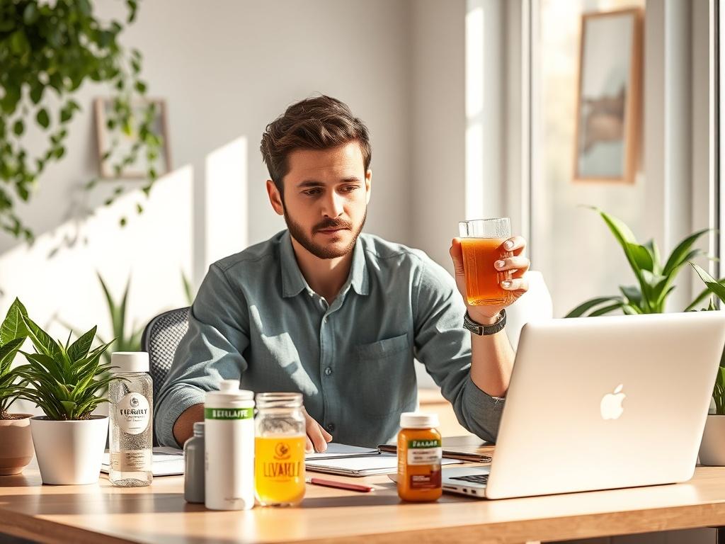 A focused individual working at a desk with a healthy