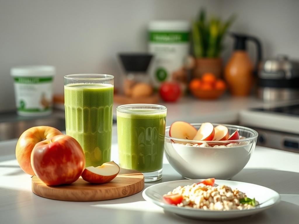 A serene kitchen scene with a healthy breakfast spread, featuring