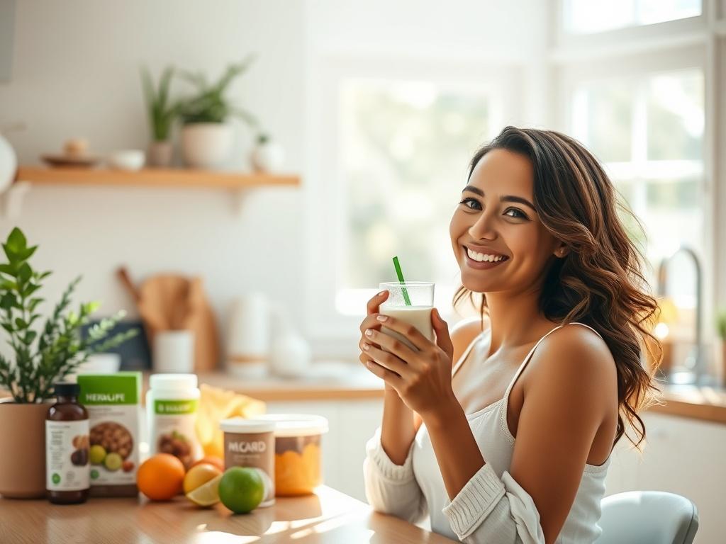 A confident, smiling individual enjoying a healthy shake in a bright, airy kitchen. The focus is on the person, radiating positivity and wellness, surrounded by Herbalife products. Natural lighting creates a warm, inviting atmosphere, reflecting the journey toward confidence and health.