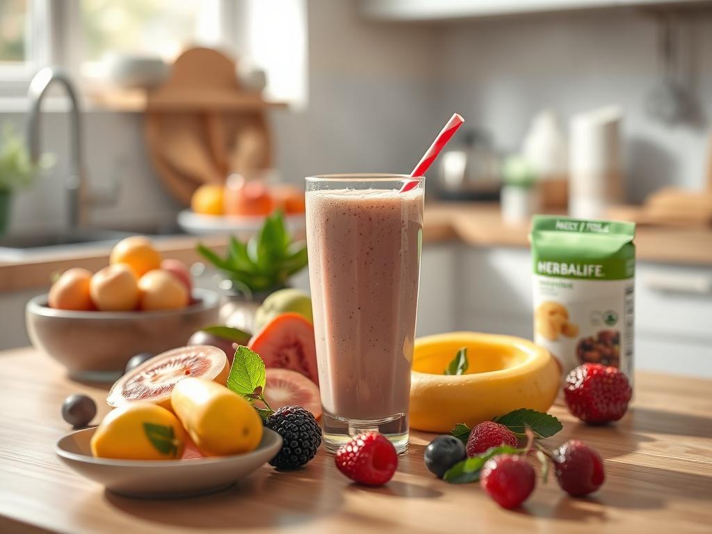 A serene kitchen setting showcasing a healthy breakfast table with a vibrant shake made from Herbalife products. Soft natural lighting highlights the freshness of fruits and ingredients, creating a peaceful atmosphere. The focus is on a single, beautifully presented shake in a glass, surrounded by an assortment of Herbalife nutrition products in soft tones.