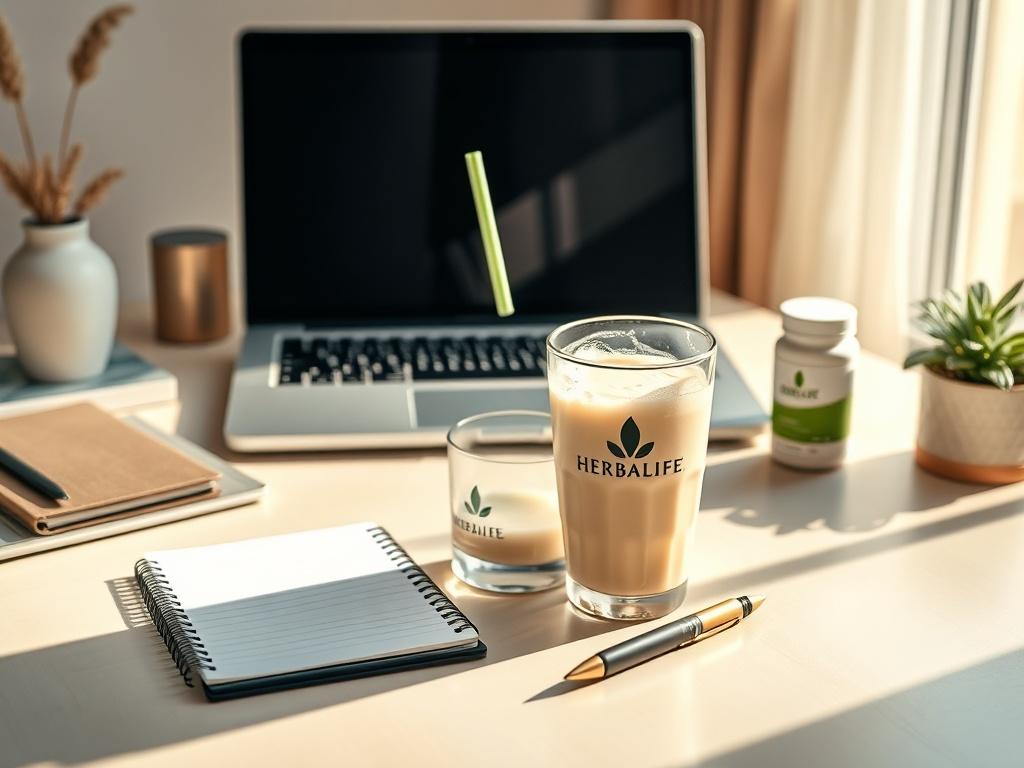 An inviting workspace with a laptop and Herbalife products displayed. A refreshing shake sits next to a notepad and pen, symbolizing productivity. Gentle, natural lighting casts a warm glow, enhancing a peaceful yet focused atmosphere, ideal for professionals aiming to boost energy and concentration.
