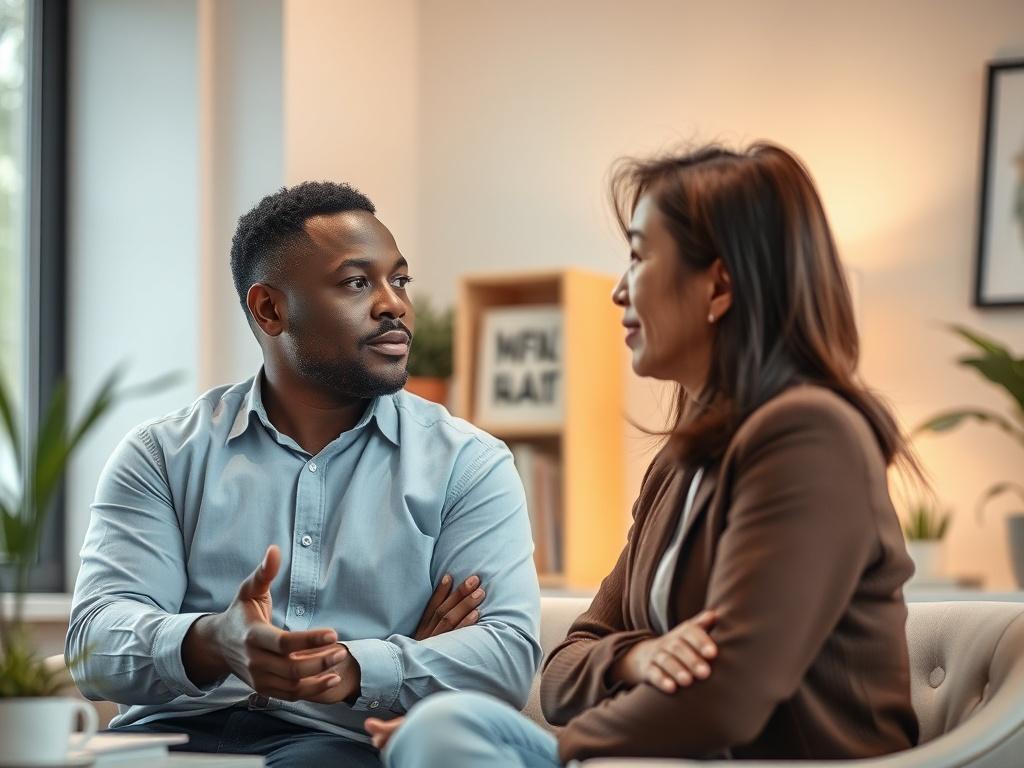 A serene, modern office environment with a coach and a client engaged in a focused conversation. Soft lighting creates a calming atmosphere. The coach is a middle-aged Black man, wearing professional attire, showing attentiveness. The client is a middle-aged woman of Asian descent, appearing engaged and thoughtful, surrounded by wellness materials like books and plants.