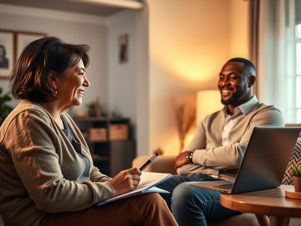 A relaxed, inviting home environment where a professional coach and client are engaged in a video call. The client, a middle-aged Hispanic woman, is smiling and taking notes, while the coach, a Black man, speaks encouragingly from his home office. Warm lighting and personal touches create a friendly atmosphere.