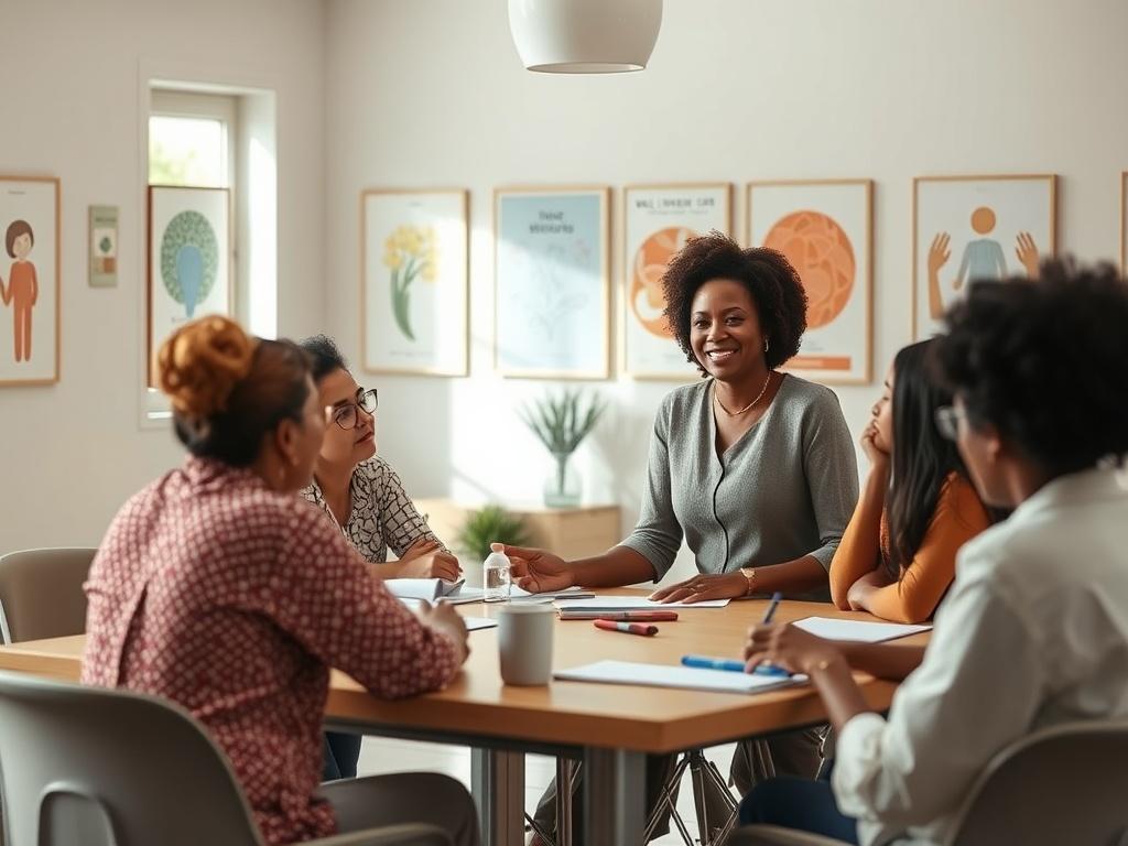 An engaging workshop scene with participants seated around a table, actively discussing and taking notes. A middle-aged Black woman leads the session, showcasing a positive and motivational demeanor. The room is bright and airy, adorned with wellness-themed posters, creating an inspiring atmosphere.