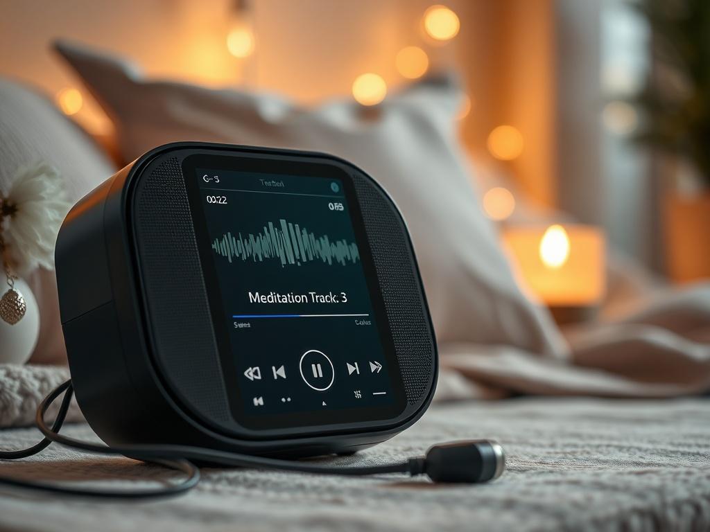 A close-up shot of a modern audio device playing a meditation track. The device is set against a calming backdrop featuring soft pillows and a peaceful ambiance, suggesting relaxation and mindfulness. The lighting is warm and inviting, enhancing the soothing atmosphere.