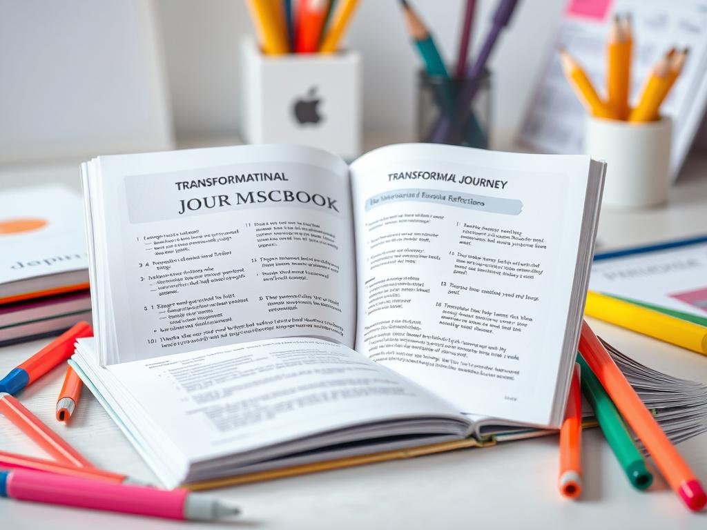 A close-up shot of a beautifully designed workbook titled 'Transformational Journey Workbook'. The workbook is open to a page filled with engaging exercises and reflections, surrounded by vibrant stationery like pens and highlighters. The background features a serene workspace with soft lighting that emphasizes focus and inspiration.