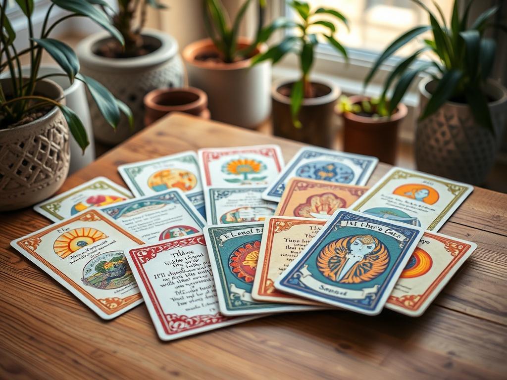 A close-up shot of a vibrant deck of wisdom cards spread out on a natural wooden surface. Each card displays unique illustrations and affirmations, with a soft focus on the intricate designs. The background is a cozy nook with plants and gentle lighting, evoking a sense of tranquility and inspiration.