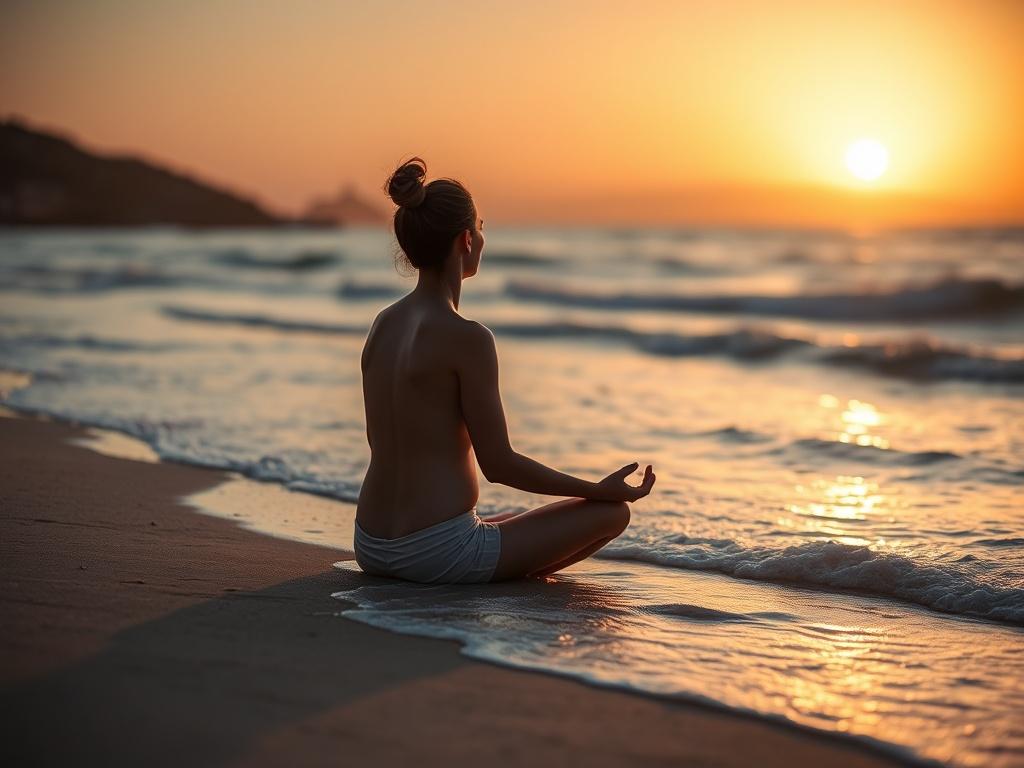 A close-up shot of a serene beach in Ibiza, with gentle waves lapping at the shore. The sun is setting, casting warm golden hues across the sky. In the foreground, a person sits in meditation, embodying tranquility and introspection. The focus is sharp on the individual, with a soft bokeh effect on the background, highlighting the beauty of the natural setting. The image should evoke feelings of peace, transformation, and connection to nature.