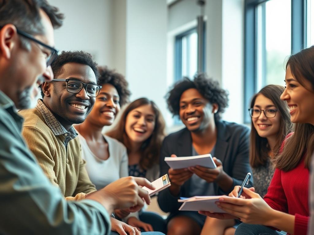 A close-up shot of a diverse group of individuals engaged in a lively workshop discussion, capturing their expressions of enthusiasm and focus. The setting is bright and inviting, featuring a modern room with natural light streaming in. Each participant is actively sharing ideas, with notebooks and pens visible, emphasizing collaboration and learning.