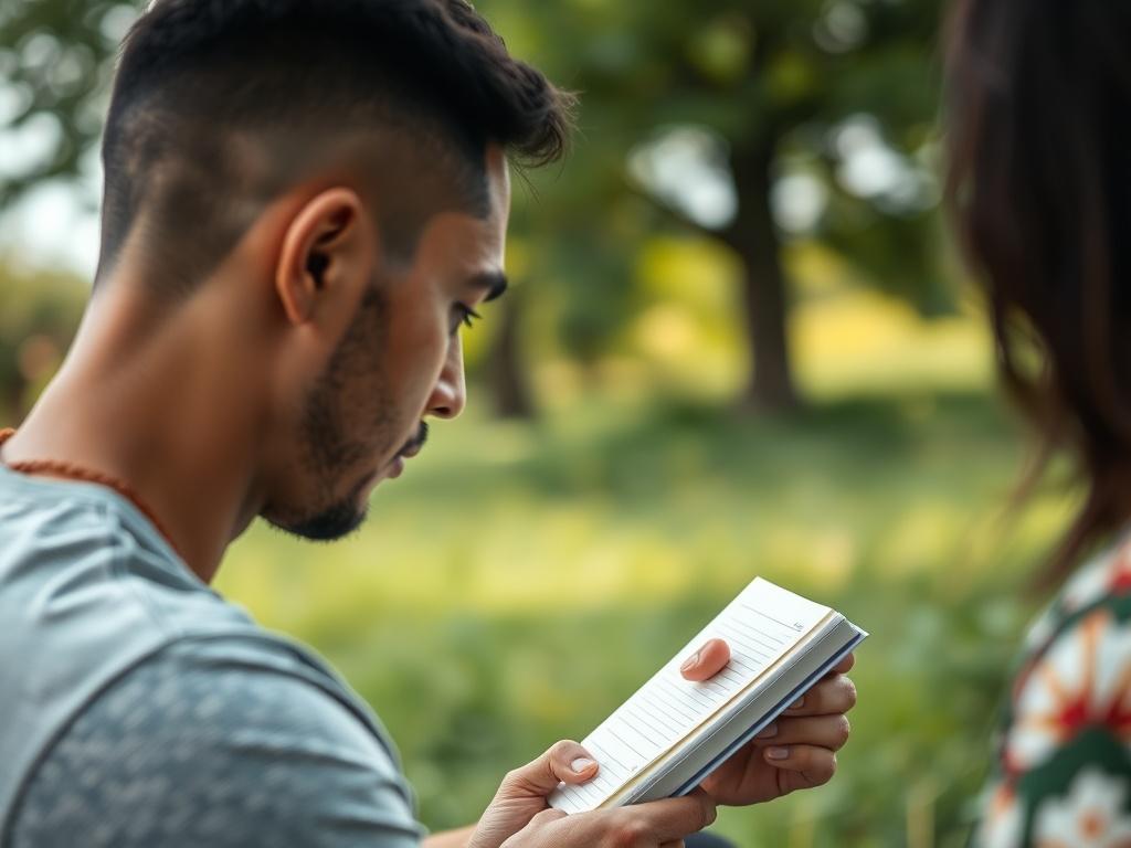A close-up image of a focused individual in a serene outdoor setting, engaging in a coaching session with a mentor. The atmosphere is calm, with nature in the background, symbolizing growth and tranquility. The individual is taking notes, reflecting on insights, showcasing a moment of personal breakthrough.