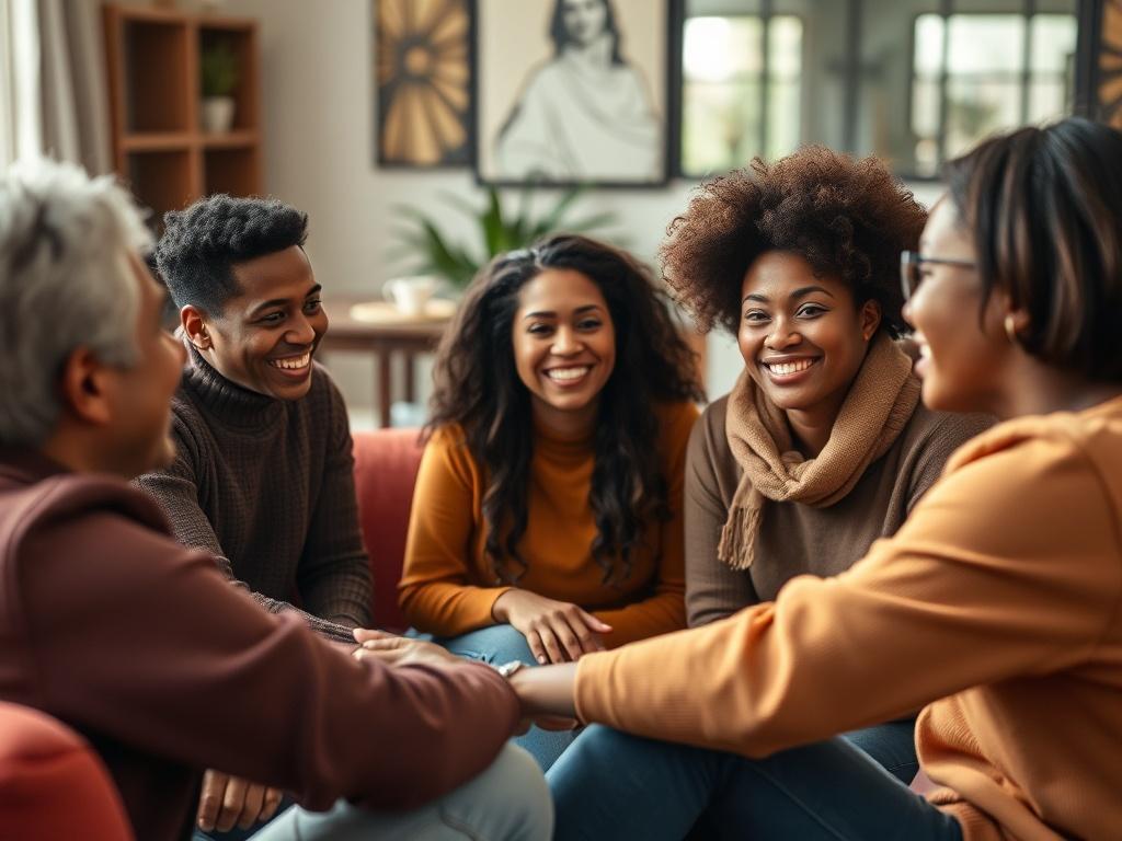 A vibrant close-up scene of a group of diverse individuals participating in a circle discussion, smiling and actively listening to each other. The setting is warm and inviting, with comfortable seating and soft lighting, reflecting a supportive atmosphere for open communication.