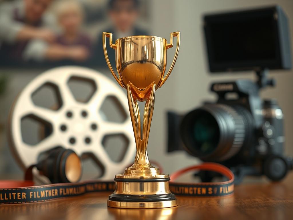 A close-up shot of an award trophy prominently displayed on a table, with a film reel and camera in the background. The trophy should be gleaming, symbolizing achievement and excellence. The background should be softly blurred to emphasize the trophy, evoking a sense of pride and accomplishment in filmmaking.