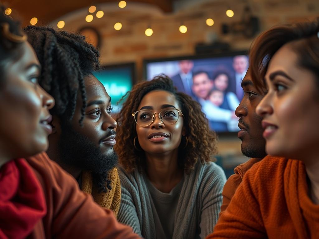 A close-up shot of a group of diverse individuals engaged in a passionate discussion, with a documentary screening in the background. The expressions on their faces should reflect deep contemplation and engagement. The scene should be set in a cozy community space, with warm lighting that enhances the atmosphere of connection and dialogue.