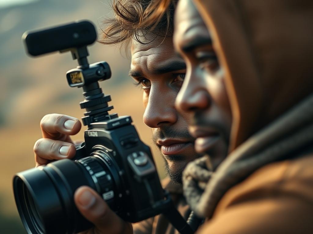 A close-up shot of a documentary filmmaker capturing a powerful moment with a camera, surrounded by natural scenery. The subject should be focused and engaged, showcasing passion and dedication. The background should be softly blurred, highlighting the connection between the filmmaker and their subject, with warm, natural lighting. The image should convey the essence of storytelling and emotion.