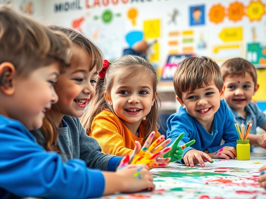 A vibrant close-up shot of a group of young children engaged in a colorful art project, showcasing their creativity and enthusiasm. The background is a bright classroom filled with art supplies, colorful drawings, and educational materials. The children are smiling and focused on their work, with splashes of paint on their hands, representing the blend of language learning and artistic expression.