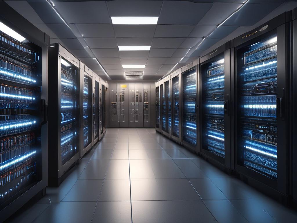 a server room with multiple illuminated servers and cooling systems, close-up shot, hyper-realistic, focus on a single server with blinking lights, background should show a modern data center with organized equipment