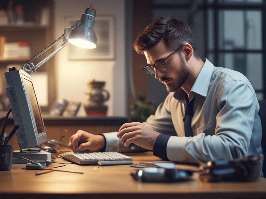 a technician repairing a computer in a modern office, close-up shot, hyper-realistic, with focus on the technician's hands and tools, background should be a clean office environment with warm lighting