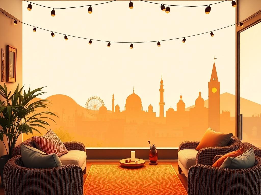 A cozy and inviting online discussion space for North African travelers, featuring a warm color palette of golden hues, soft lighting, and serene atmosphere. The background shows subtle hints of iconic landmarks from Morocco, Egypt, Tunisia, and Algeria, symbolizing the diverse travel topics discussed. The scene embodies a sense of community and shared experiences among travelers.