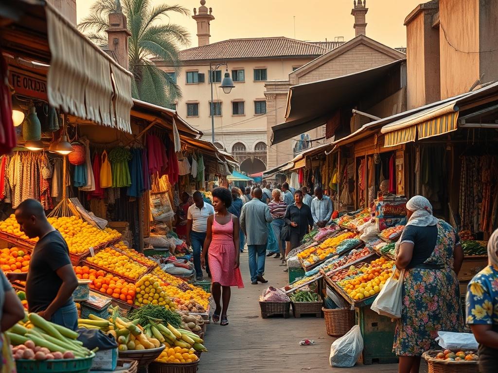 A bustling market scene in Abidjan, Côte d'Ivoire, showcasing vibrant stalls filled with fresh fruits, vegetables, and local crafts. Capture the energy of vendors and shoppers interacting, with bright colors of produce and textiles. In the background, include traditional Ivorian architecture to highlight the cultural richness of the city.