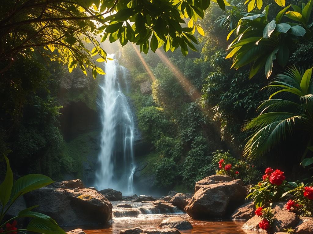 A stunning view of the Cascades de Man in Côte d'Ivoire, featuring a waterfall cascading down lush green cliffs. Surround the waterfall with dense tropical foliage and colorful flowers, creating a tranquil and picturesque environment. The sun filters through the leaves, casting dappled light on the rocks and water, enhancing the beauty of this natural wonder.