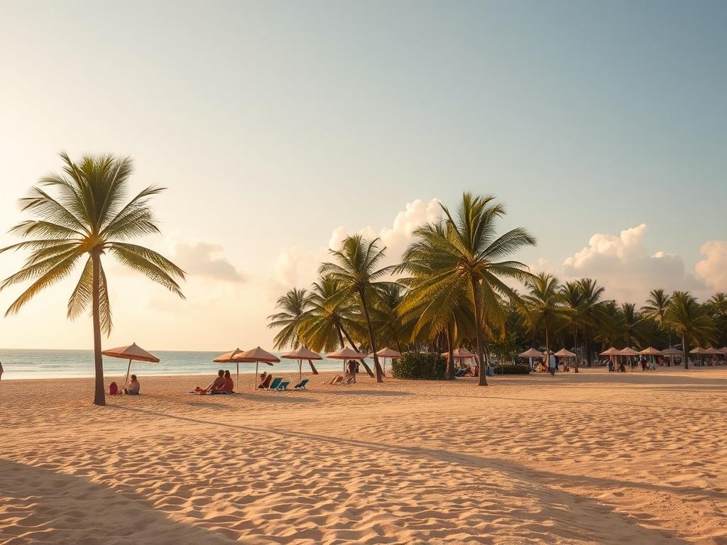A beautiful scene of a sunny beach in Côte d'Ivoire, with golden sand and turquoise waters. Include palm trees swaying in the gentle breeze, and a few beachgoers relaxing under colorful umbrellas. The sky is clear with a few fluffy clouds, capturing the serene atmosphere of a tropical paradise.