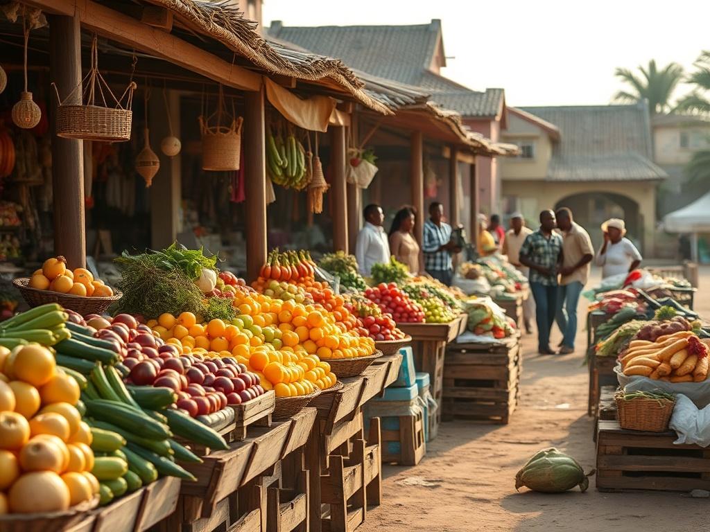 A realistic high-resolution photo of a vibrant Ivorian market scene. The foreground should feature a colorful array of fresh fruits and vegetables displayed on wooden stalls, showcasing the rich agricultural produce of Côte d'Ivoire. In the background, traditional Ivorian architecture can be seen, with people engaging in lively conversations and shopping. The scene should be bathed in soft, golden hues, capturing the warm, inviting atmosphere of the market. The lighting should be serene, emphasizing the bea
