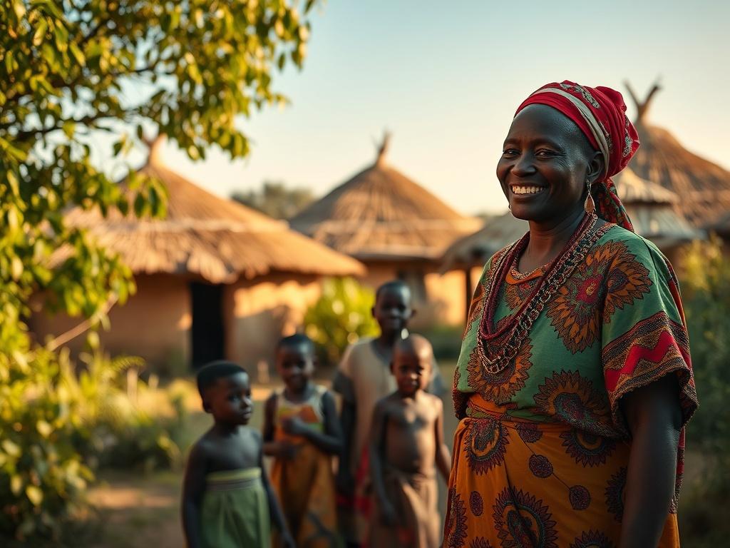 A realistic high-resolution photo showcasing a traditional Malian woman dressed in vibrant clothing, standing in a sunlit village surrounded by lush greenery. The image captures her smiling as she interacts with children playing nearby. The background features traditional huts made of mud and thatch, under a clear blue sky, creating a warm and inviting atmosphere. The scene reflects the rich culture and authentic lifestyle of Mali.