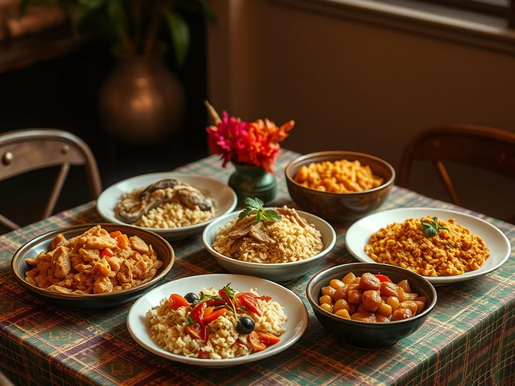 Create a realistic high-resolution photo that embodies the vibrant essence of African cuisine, specifically for a blog titled "5 plats africains à goûter absolument." 

**Composition**: The composition should feature a colorful, inviting table setting showcasing five distinct African dishes as the main subject. Focus on a single table that beautifully presents the dishes, arranged in a harmonious way that highlights their colors and textures.

**Subject Matter**: The focal point includes the following dishe