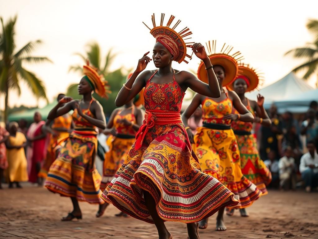 Create a realistic high-resolution photo that captures the essence of a cultural road trip in Côte d'Ivoire. The composition should be simple and clear, focusing solely on a single subject: a group of traditional Ivorian dancers in vibrant costumes performing at a lively festival. The dancers should convey movement and energy, showcasing intricate choreography that reflects the rich cultural heritage of the region.

The background should be a scenic outdoor festival setting that hints at Côte d'Ivoire's lus