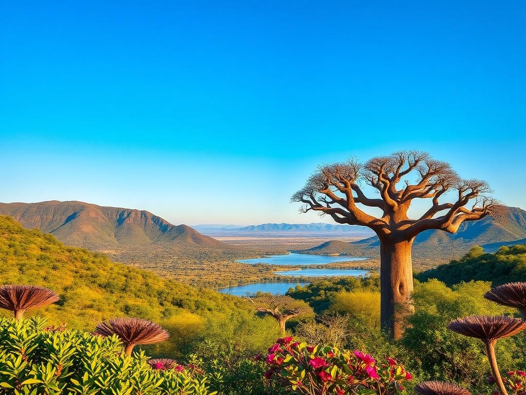 A breathtaking landscape of Madagascar featuring lush green hills and unique baobab trees under a clear blue sky. The foreground includes vibrant flora and a distant view of a serene lake reflecting the surrounding wildlife. The composition is simple and clear, focusing on the natural beauty of Madagascar's diverse ecosystem.