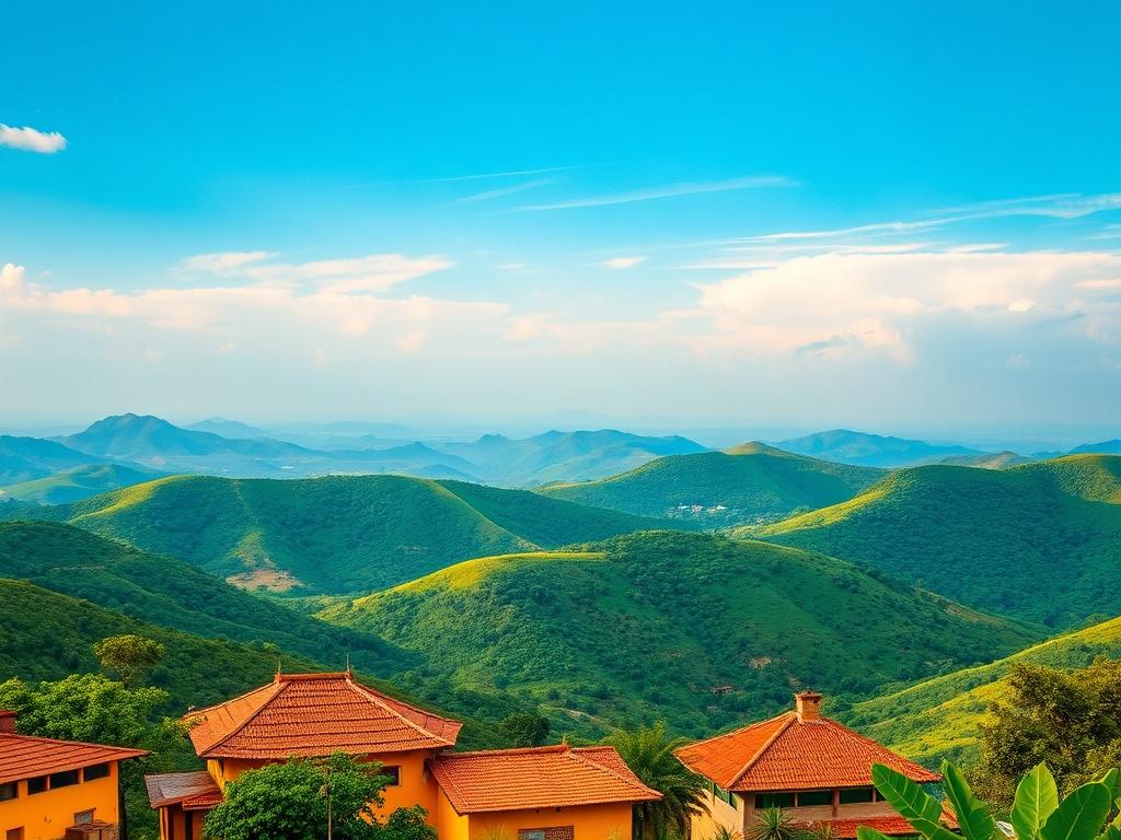 A realistic high-resolution photo showcasing a stunning landscape in Côte d'Ivoire. The image features lush green hills under a clear blue sky, with traditional Ivorian architecture in the foreground. Include vibrant colors that reflect the rich culture of Côte d'Ivoire, such as colorful textiles and local flora. The setting should convey a peaceful and serene atmosphere, highlighting the natural beauty and cultural heritage of the region.