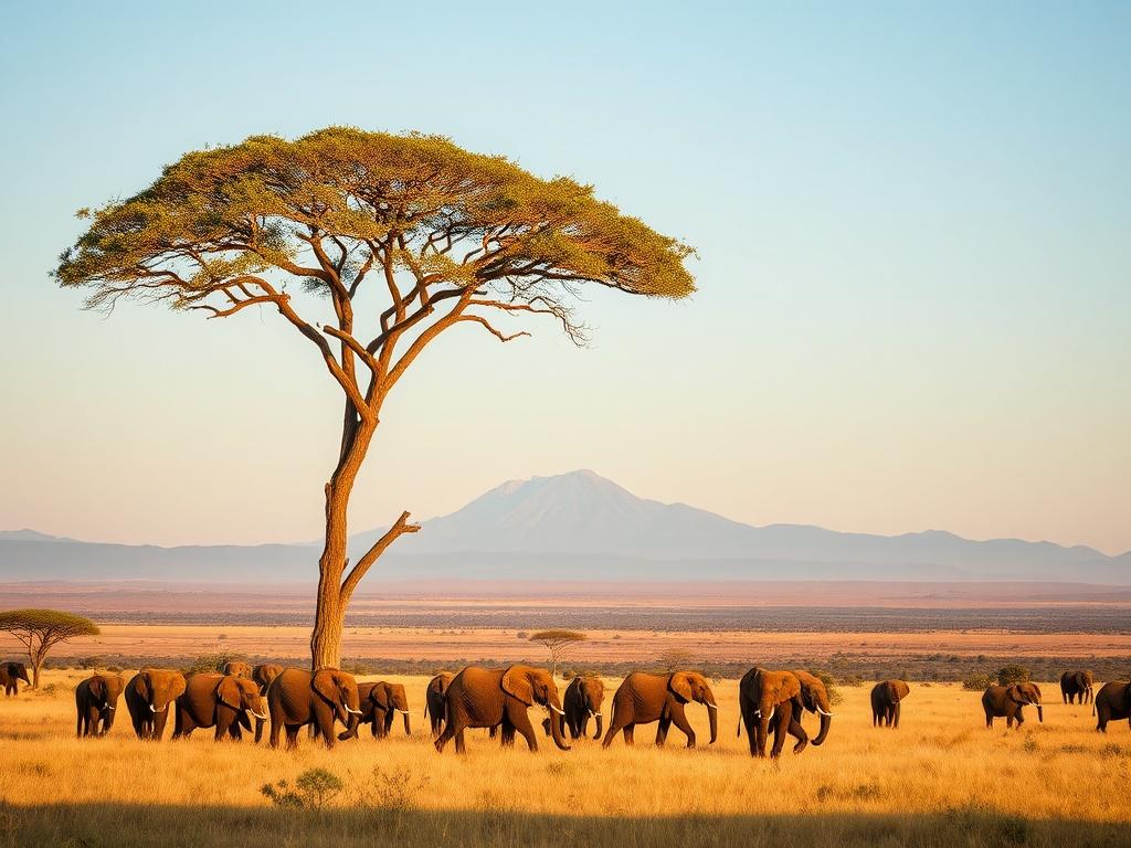 A breathtaking landscape of Kenya featuring a vast savannah under a clear blue sky. In the foreground, a herd of elephants gracefully roam, while a majestic acacia tree stands tall nearby. In the background, the distant outline of Mount Kenya is visible, casting a serene atmosphere over the scene. The lighting is warm and inviting, enhancing the vibrant colors of the landscape and wildlife.