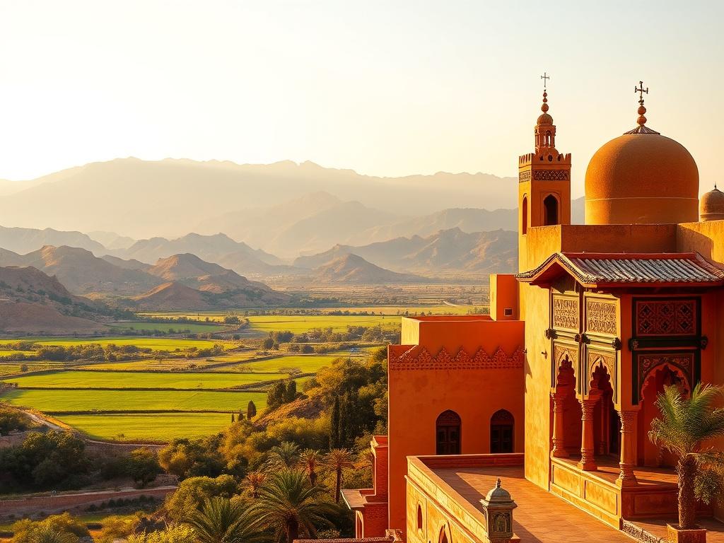A stunning high-resolution photo of a beautiful Moroccan landscape, featuring the majestic Atlas Mountains in the background, vibrant green valleys, and traditional Moroccan architecture in the foreground. The image should capture the serene atmosphere with soft golden lighting, showcasing the rich colors of the landscape and the intricate designs of the architecture. The composition should be clear and focused, highlighting the natural beauty and cultural essence of Morocco.