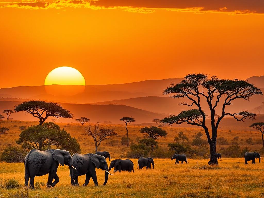 A stunning natural landscape of South Africa showcasing a vibrant sunset over rolling hills, with acacia trees silhouetted against the golden hues of the sky. In the foreground, a group of elephants grazes peacefully, highlighting the rich wildlife of the region. The scene captures the essence of South African culture and nature in a single, breathtaking image.