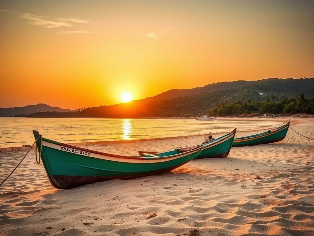 A stunning high-resolution photo capturing the vibrant landscapes of Sénégal. The composition features a serene beach at sunset, with golden hues reflecting off the water. In the foreground, traditional colorful fishing boats rest on the soft sand, while a backdrop of lush greenery and distant hills adds depth. The atmosphere is calm and inviting, showcasing the beauty and culture of Sénégal.