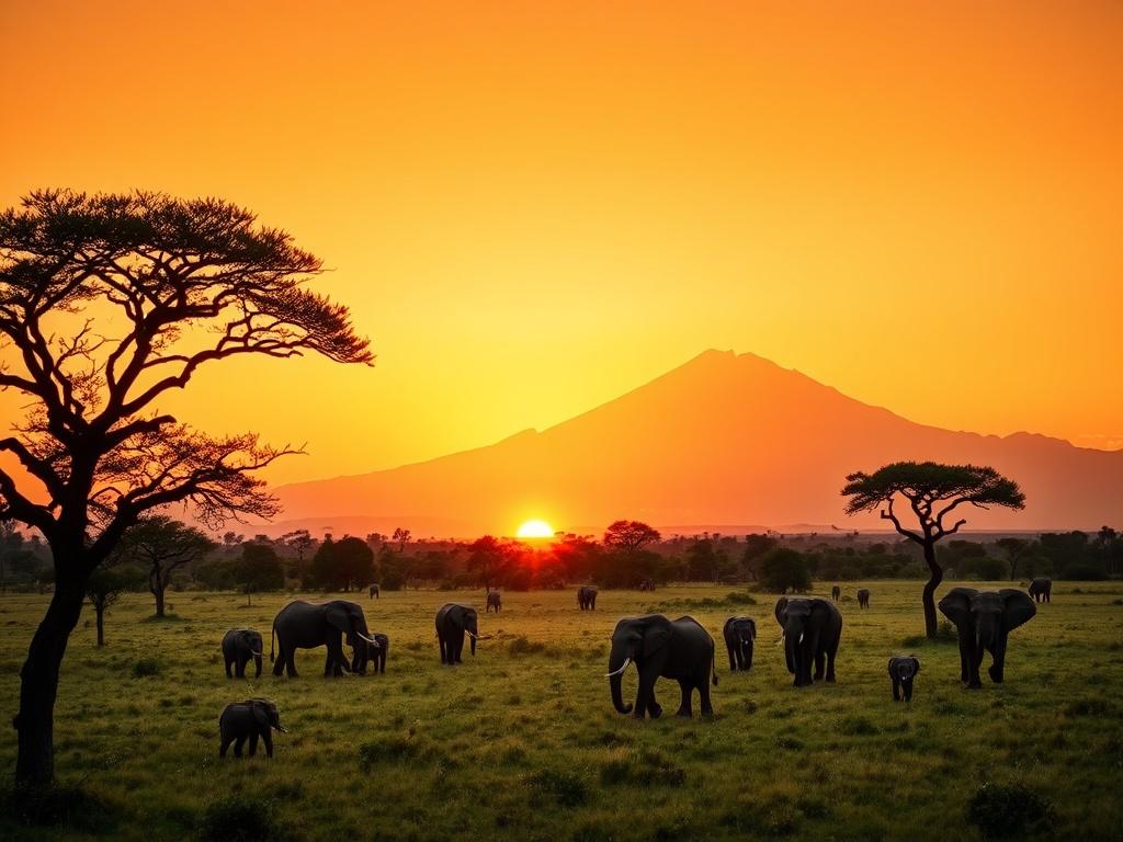 A stunning landscape of Tanzania featuring the iconic Mount Kilimanjaro in the background. The scene captures the lush green plains dotted with acacia trees, a herd of elephants grazing peacefully, and a vibrant sunset casting warm golden hues over the horizon. This image emphasizes the serenity and beauty of Tanzania's wildlife and natural scenery.