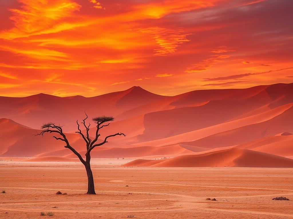 A stunning high-resolution image of the Namibian landscape, featuring the iconic red sand dunes of Sossusvlei at sunset. The foreground showcases a lone acacia tree against the vibrant orange and purple sky, while the background is filled with towering dunes bathed in warm golden hues. The overall atmosphere is serene and captivating, highlighting the natural beauty and tranquility of Namibia.