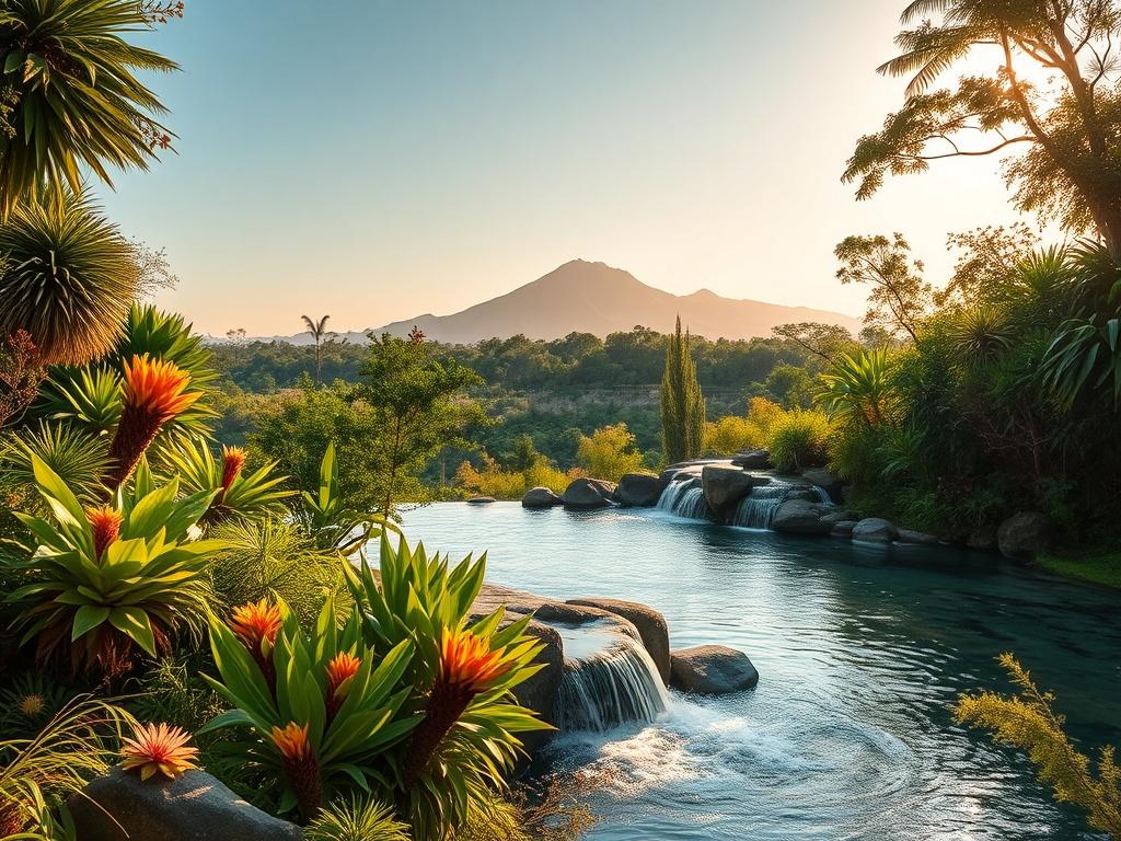 A stunning high-resolution photo of a hidden gem in Madagascar, showcasing a vibrant and lush green landscape with unique flora and fauna. The foreground features a serene waterfall cascading into a crystal-clear pool, surrounded by exotic plants and colorful flowers. In the background, the silhouette of a distant mountain range is visible under a soft golden light, creating a peaceful and inviting atmosphere. The overall composition is simple and clear, focusing on the natural beauty and tranquility of thi