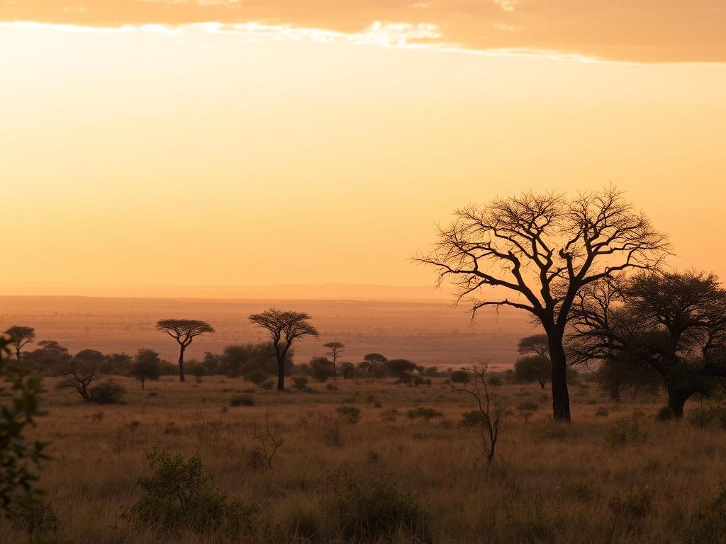 A realistic, high-resolution photo of a serene African landscape during golden hour, capturing warm hues. The image should focus on a breathtaking view of natural beauty, with soft lighting and a peaceful atmosphere, inviting viewers to explore the wonders of Africa.