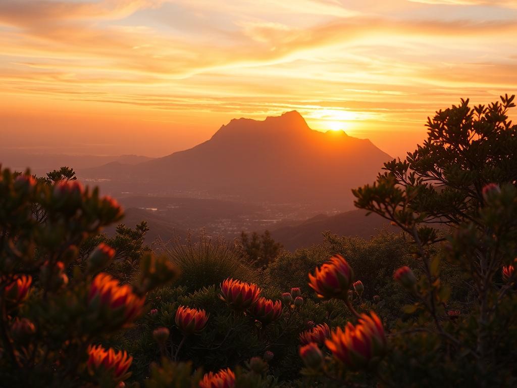 **AI Image Generation Prompt:**

Create a realistic high-resolution photo featuring a stunning scene from South Africa that embodies the essence of travel and adventure. The composition should be simple and clear, focusing on one main subject: a majestic view of Table Mountain at sunset. The foreground should include a serene landscape with vibrant native flora, such as Proteas, framed by soft golden hues as the sun sets behind the mountain. The background should showcase the expansive sky painted in shades