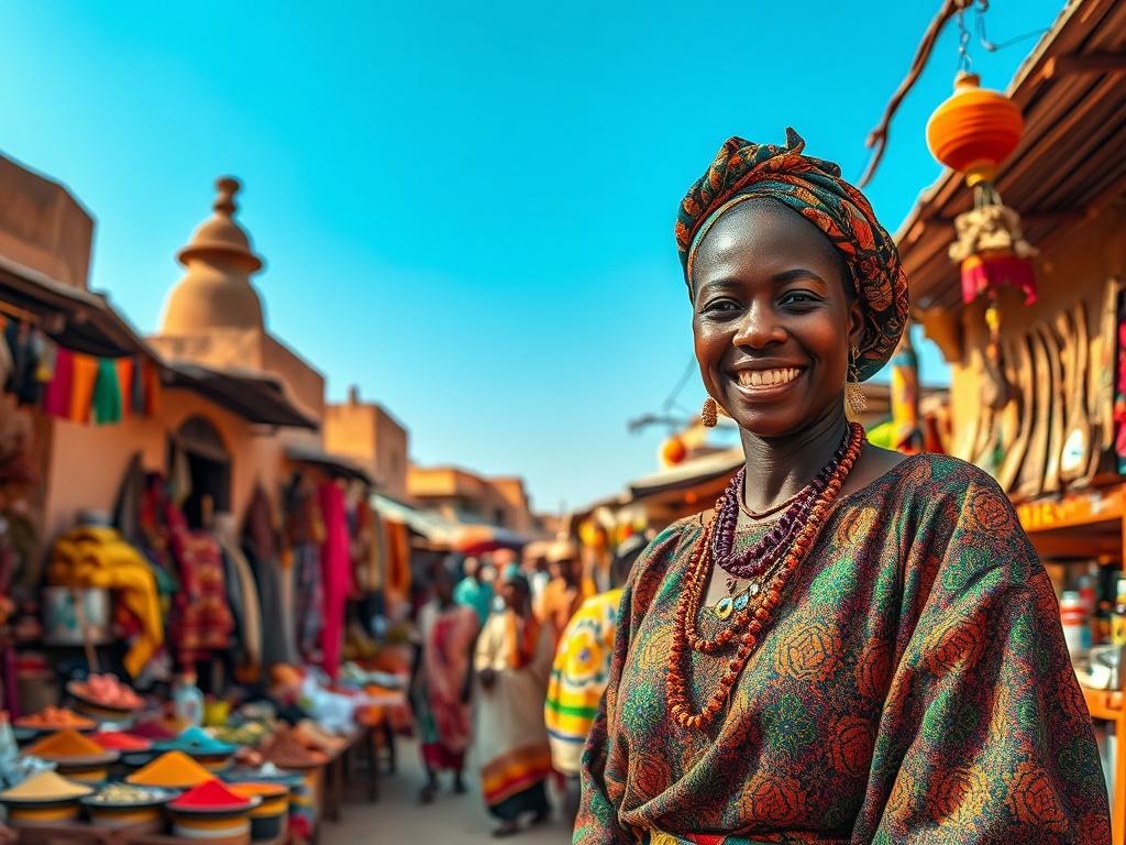 A bustling local market in Mali filled with colorful fabrics, spices, and local artisans selling their crafts. In the foreground, a woman dressed in traditional Malian attire, showcasing her wares with a warm smile. The background features traditional mud brick buildings and vibrant decorations, all under a bright blue sky. The image captures the lively spirit of the market, highlighting the culture and warmth of Malian hospitality.