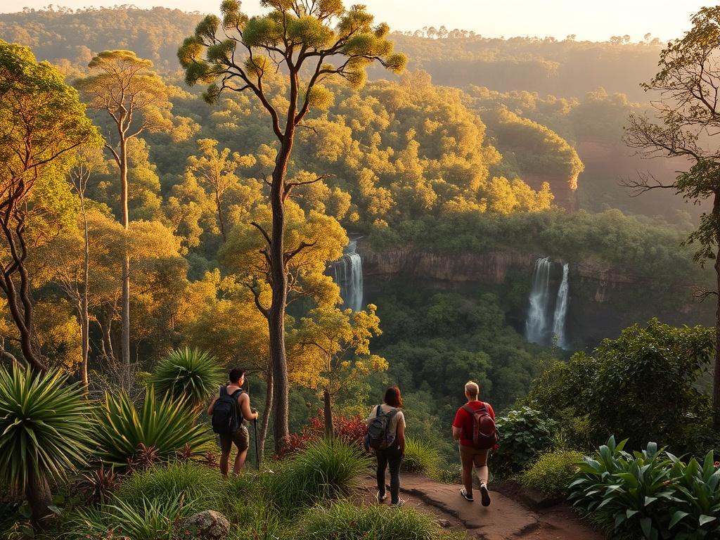 A breathtaking view of Madagascar's lush rainforest, with towering trees and exotic plants. In the foreground, a group of travelers enjoying a hike, marveling at the diverse flora and fauna. The background reveals cascading waterfalls and rocky cliffs, bathed in soft sunlight. The scene reflects the adventure and beauty of exploring Madagascar's unique landscapes, evoking a sense of wonder and discovery.