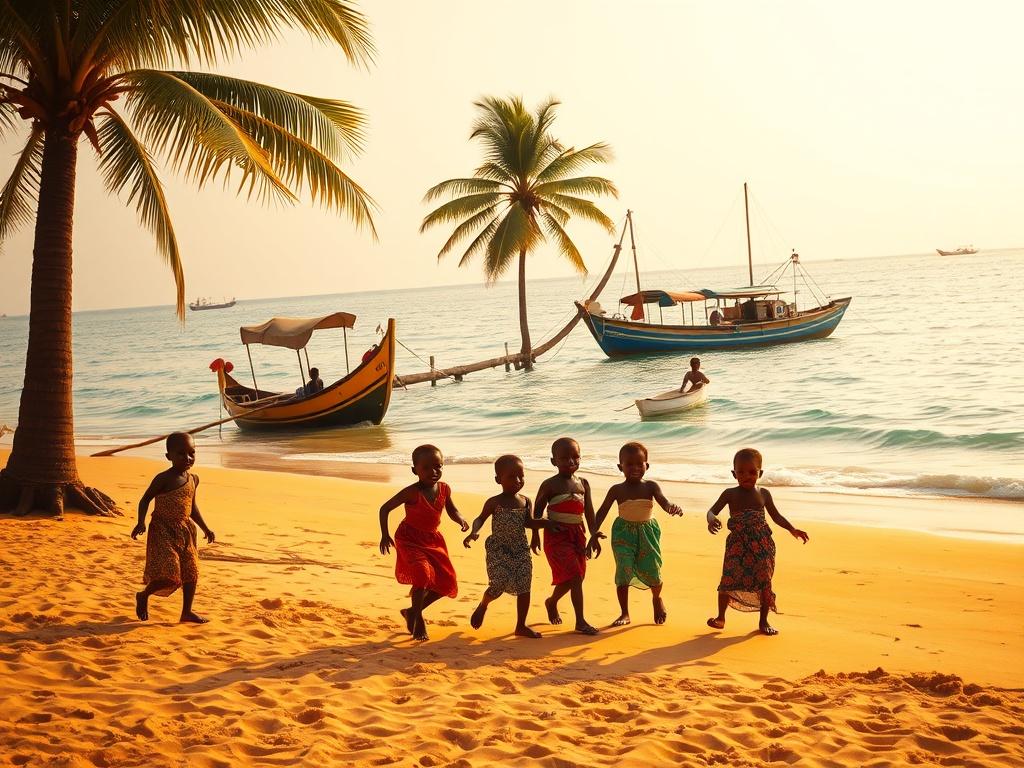 A serene and sunny beach in Senegal with golden sands and turquoise waters. In the foreground, a group of local children playing joyfully, showcasing their vibrant traditional clothing. In the background, a traditional fishing boat anchored near the shore, and palm trees swaying gently in the breeze. The overall atmosphere is peaceful and inviting, with a soft golden hue illuminating the scene.