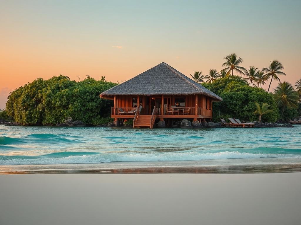 **Prompt for AI Image Generation:**

Create a realistic high-resolution photo capturing the essence of an eco-friendly lodge on a pristine beach in Zanzibar. The composition should focus on a single, beautifully designed eco-lodge with a thatched roof, showcasing sustainable architecture. Surround the lodge with lush green foliage, emphasizing a seamless integration with nature. 

In the foreground, include a soft expanse of pristine, white sand leading down to vibrant turquoise waters. The water should be 