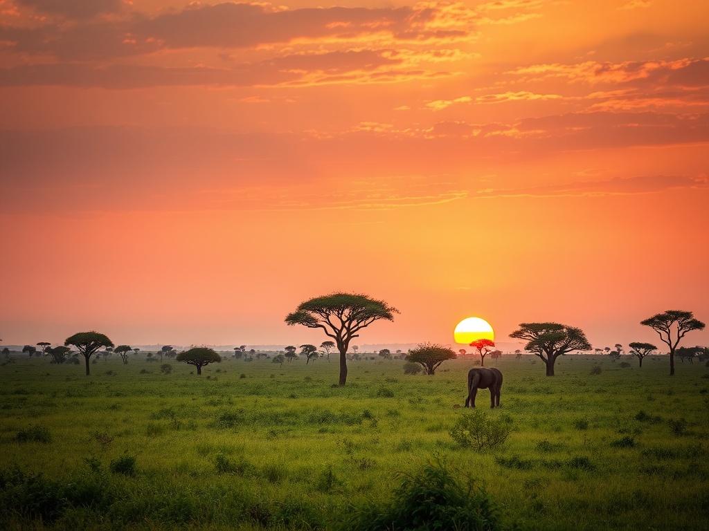 A serene landscape showcasing the diverse beauty of Africa, featuring a lush green savannah with acacia trees and a distant view of a vibrant sunset. The scene should evoke tranquility and adventure, with warm golden hues reflecting the setting sun, creating a cozy atmosphere.