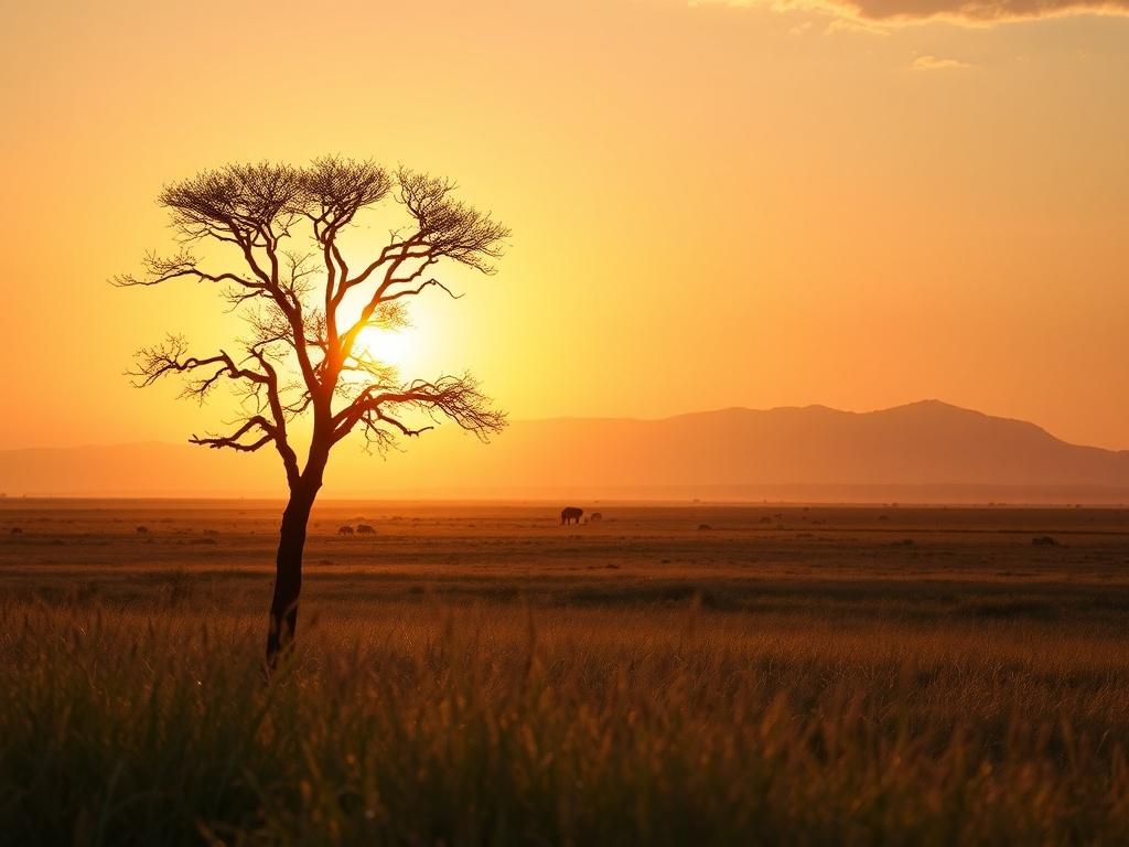 A serene landscape of an African savannah at sunset, featuring a lone acacia tree silhouetted against the golden hues of the sky. The foreground should have tall grasses gently swaying in the breeze, while in the background, a distant mountain range creates depth. The lighting should be soft and warm, capturing the tranquil atmosphere of a peaceful evening in Africa.