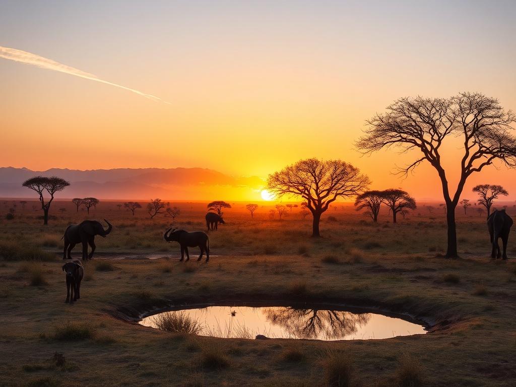 A serene landscape showcasing a stunning African sunset over a vast savannah with acacia trees silhouetted against the golden hues. The foreground features a tranquil waterhole reflecting the sky, while distant mountains create a picturesque backdrop. The overall atmosphere is calm and inviting, capturing the beauty and diversity of African landscapes.