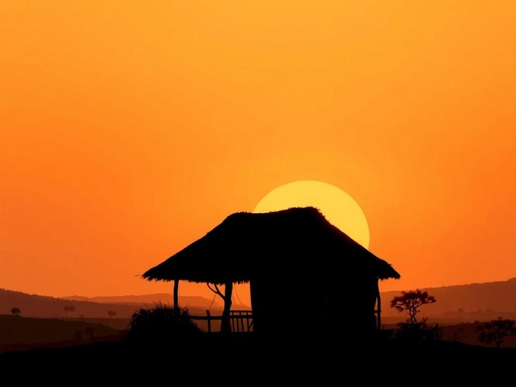 A realistic high-resolution photo featuring a serene sunset over an African landscape, showcasing a silhouette of a traditional African hut in the foreground. The sky is painted in warm golden hues, casting a soft light over the scene. The background includes rolling hills and a few acacia trees, creating a tranquil atmosphere that invites exploration and adventure.