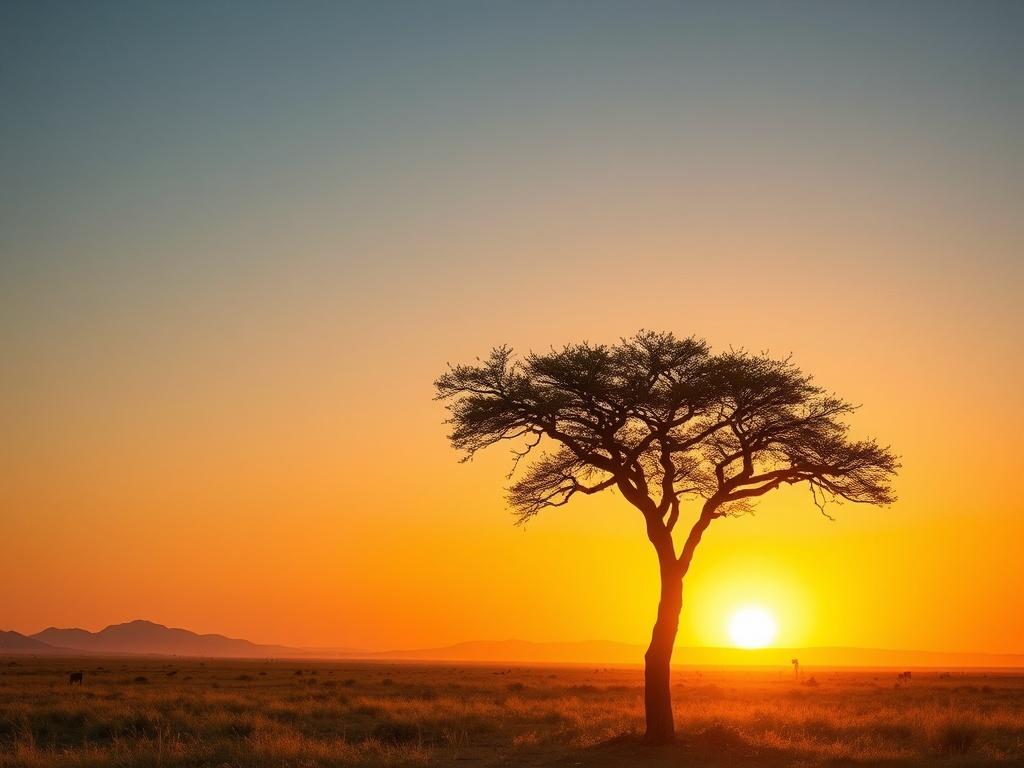 A serene landscape of an African savanna at sunset, featuring a single majestic acacia tree silhouetted against the golden hues of the sky. The scene should convey tranquility and the beauty of nature, with soft lighting enhancing the warm colors of the sunset. The background should have a clear horizon and a few gentle hills, creating a peaceful atmosphere.