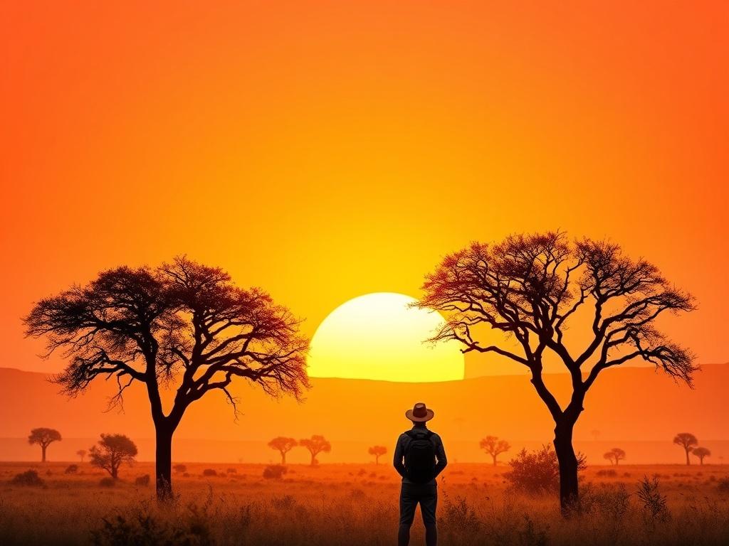 A serene landscape of an African sunset over a savannah, with acacia trees silhouetted against a warm golden hue. The sky transitions from deep orange to soft pink, creating a cozy and inviting atmosphere. Include a single traveler with a backpack, gazing at the horizon, embodying the spirit of adventure and exploration. The composition should be simple and clear, focusing on the beauty of the landscape and the sense of wanderlust.